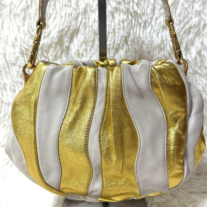 PRADA Hand Bag Tote Purse Leather Gold White Authentic