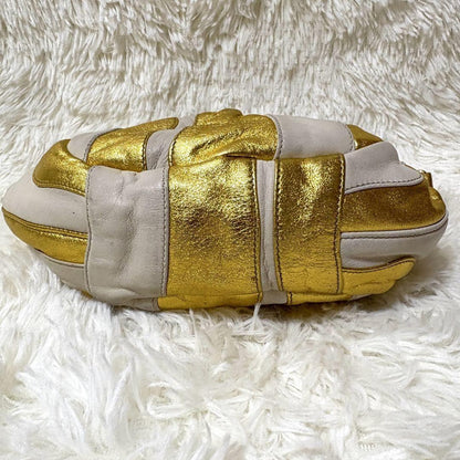 PRADA Hand Bag Tote Purse Leather Gold White Authentic