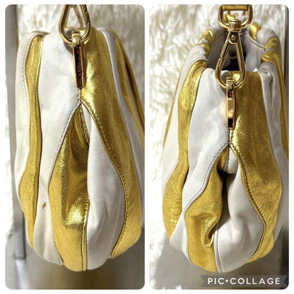 PRADA Hand Bag Tote Purse Leather Gold White Authentic