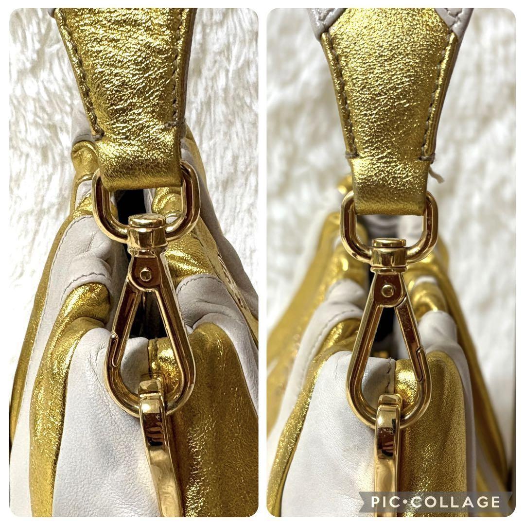 PRADA Hand Bag Tote Purse Leather Gold White Authentic