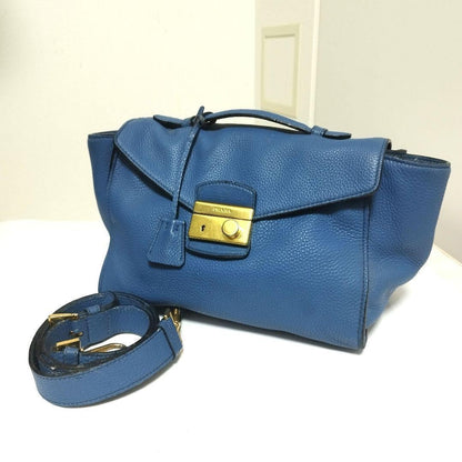 PRADA Hand Shoulder Bag Tote Purse 2way Leather Blue Authentic