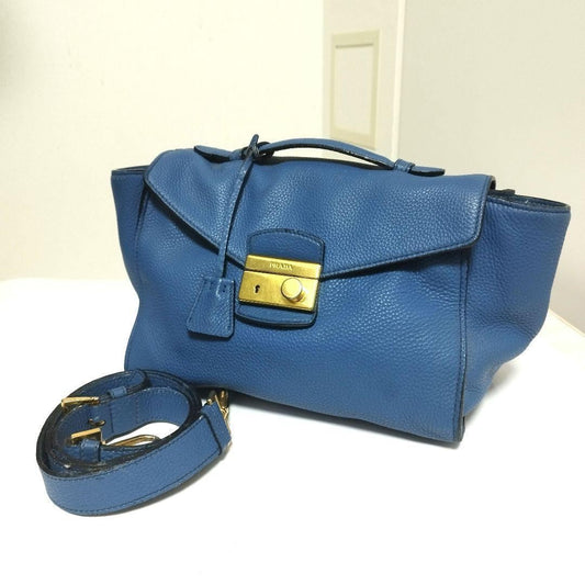 PRADA Hand Shoulder Bag Tote Purse 2way Leather Blue Authentic