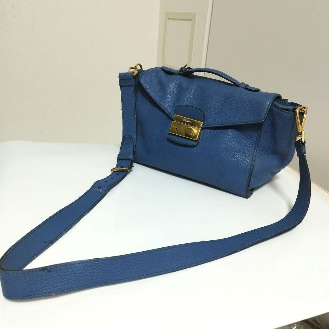 PRADA Hand Shoulder Bag Tote Purse 2way Leather Blue Authentic