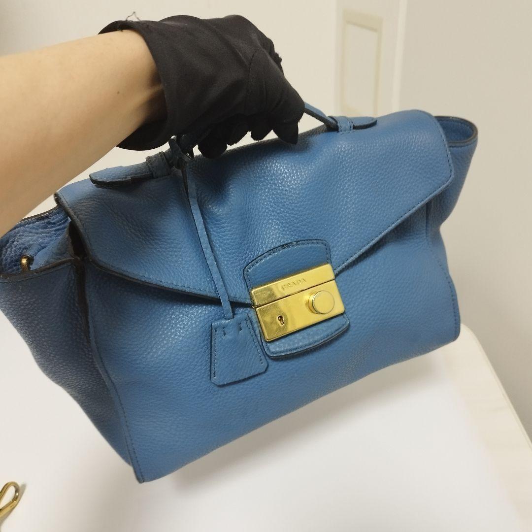 PRADA Hand Shoulder Bag Tote Purse 2way Leather Blue Authentic