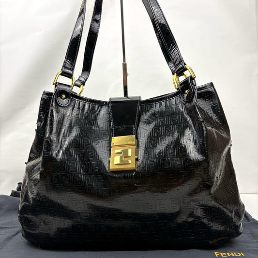 FENDI Hand Shoulder Bag Tote Purse FF Zucca Black Authentic