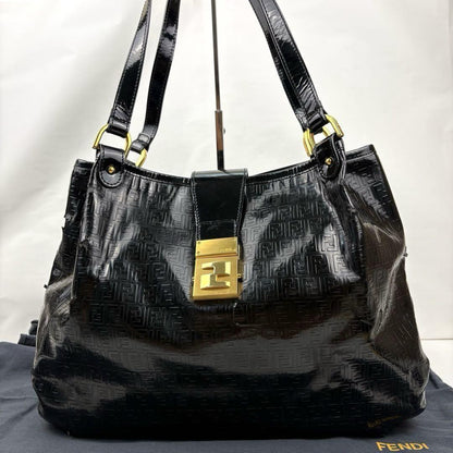 FENDI Hand Shoulder Bag Tote Purse FF Zucca Black Authentic