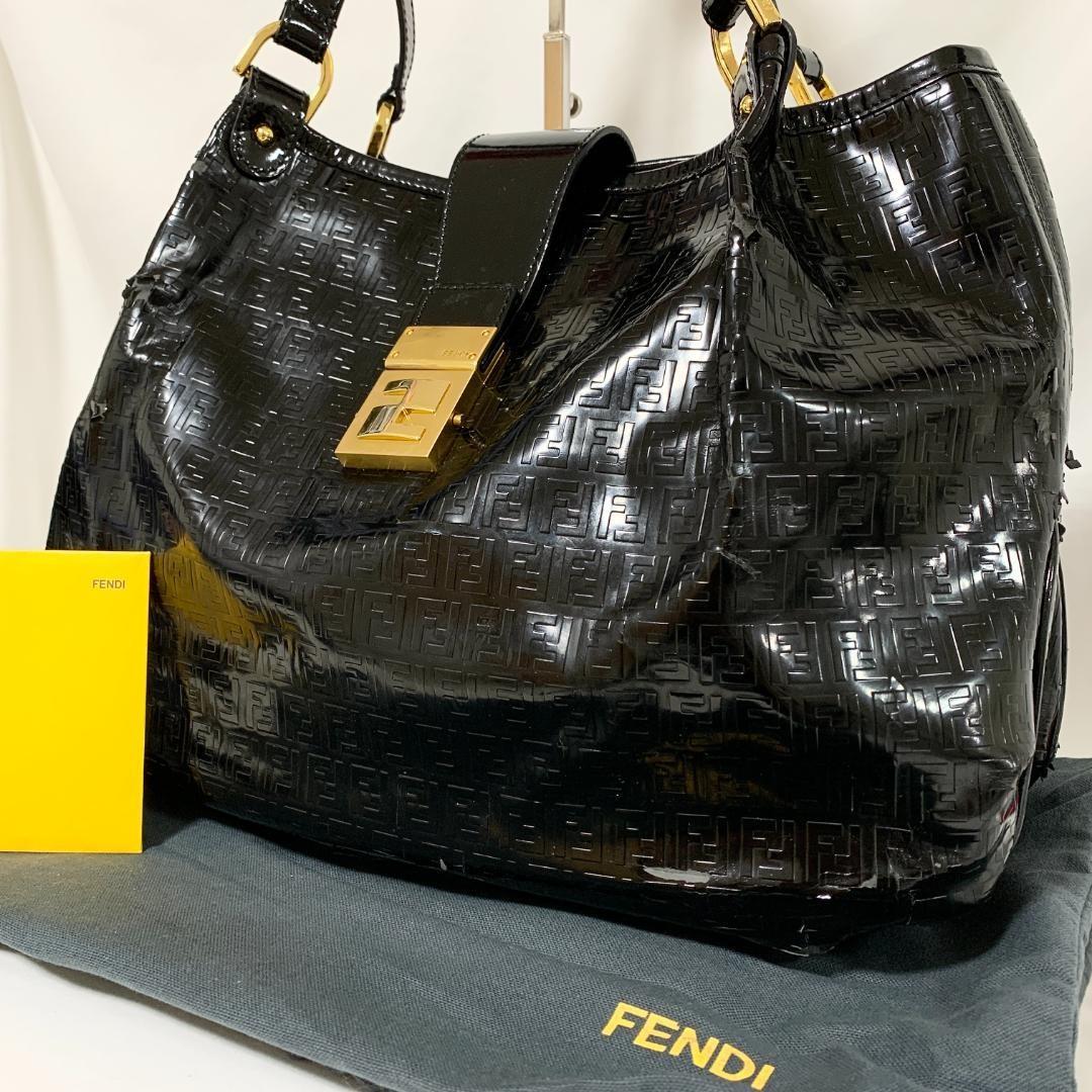 FENDI Hand Shoulder Bag Tote Purse FF Zucca Black Authentic