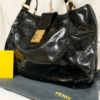 FENDI Hand Shoulder Bag Tote Purse FF Zucca Black Authentic