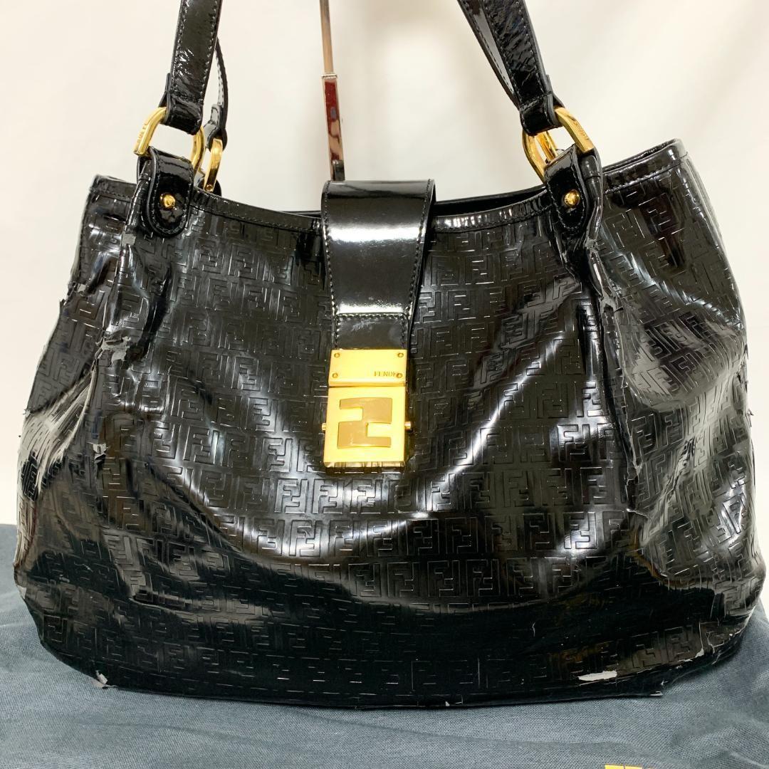 FENDI Hand Shoulder Bag Tote Purse FF Zucca Black Authentic