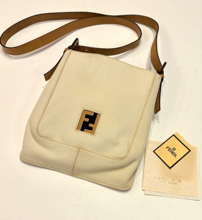 FENDI Shoulder Bag Purse FF Canvas Leather Off White Brown Beige Authentic
