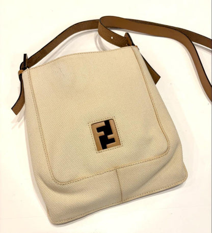 FENDI Shoulder Bag Purse FF Canvas Leather Off White Brown Beige Authentic