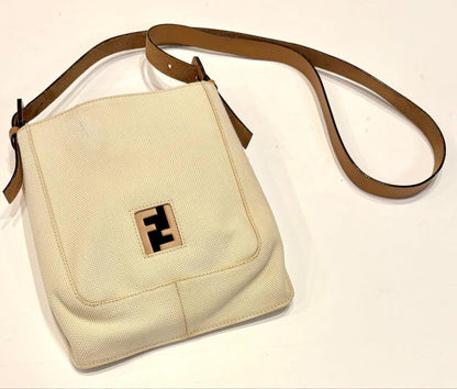 FENDI Shoulder Bag Purse FF Canvas Leather Off White Brown Beige Authentic
