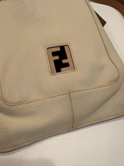 FENDI Shoulder Bag Purse FF Canvas Leather Off White Brown Beige Authentic