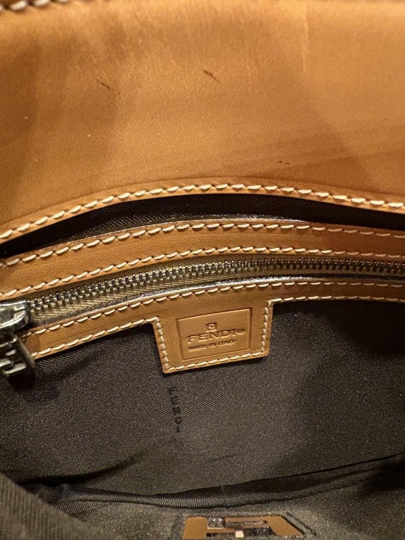 FENDI Shoulder Bag Purse FF Canvas Leather Off White Brown Beige Authentic