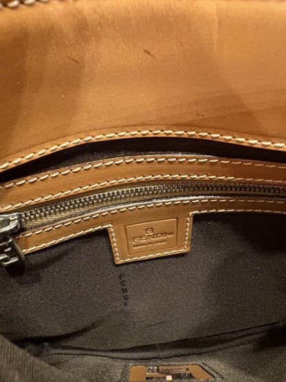 FENDI Shoulder Bag Purse FF Canvas Leather Off White Brown Beige Authentic