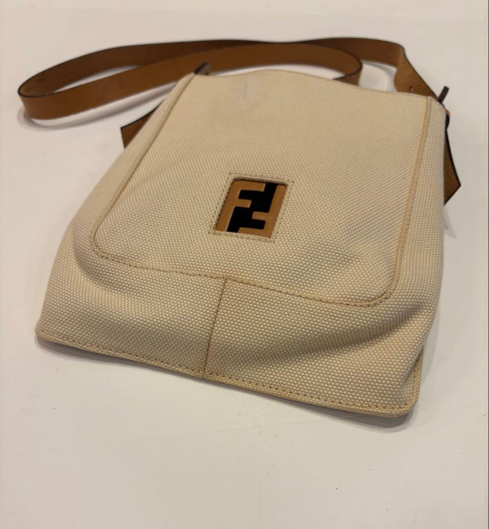 FENDI Shoulder Bag Purse FF Canvas Leather Off White Brown Beige Authentic