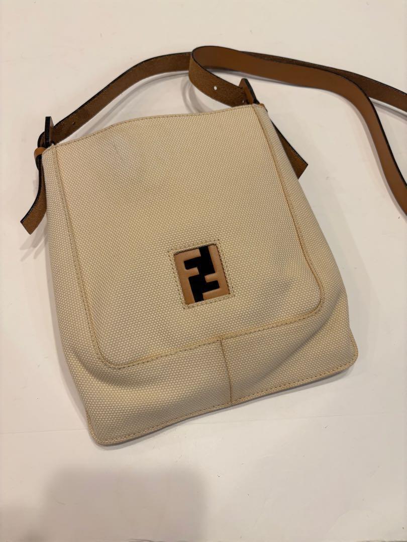 FENDI Shoulder Bag Purse FF Canvas Leather Off White Brown Beige Authentic