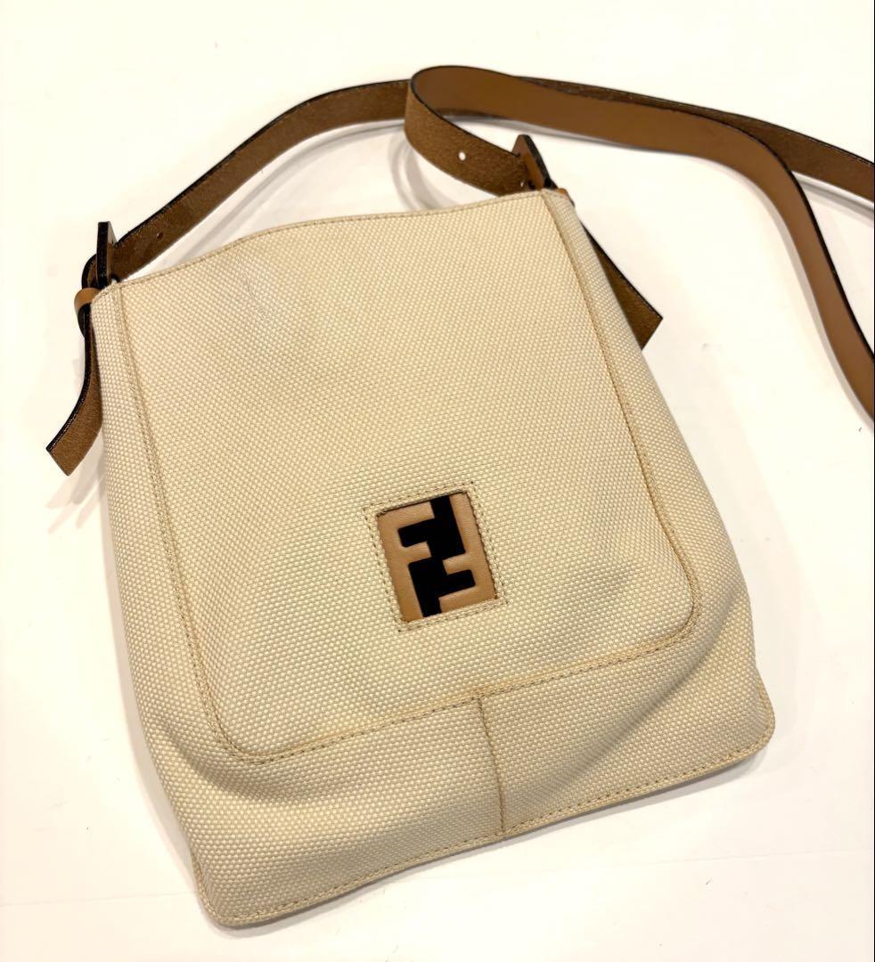 FENDI Shoulder Bag Purse FF Canvas Leather Off White Brown Beige Authentic