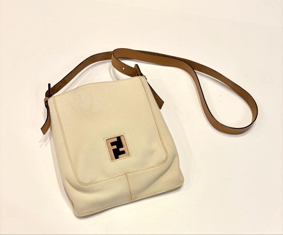 FENDI Shoulder Bag Purse FF Canvas Leather Off White Brown Beige Authentic