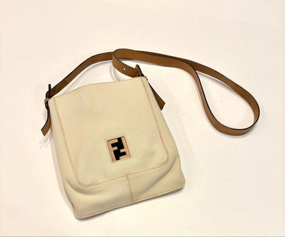 FENDI Shoulder Bag Purse FF Canvas Leather Off White Brown Beige Authentic