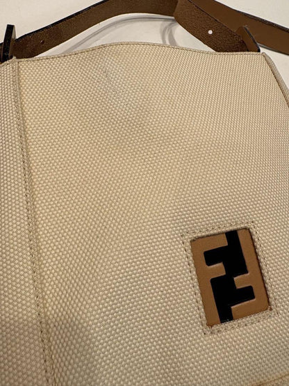 FENDI Shoulder Bag Purse FF Canvas Leather Off White Brown Beige Authentic