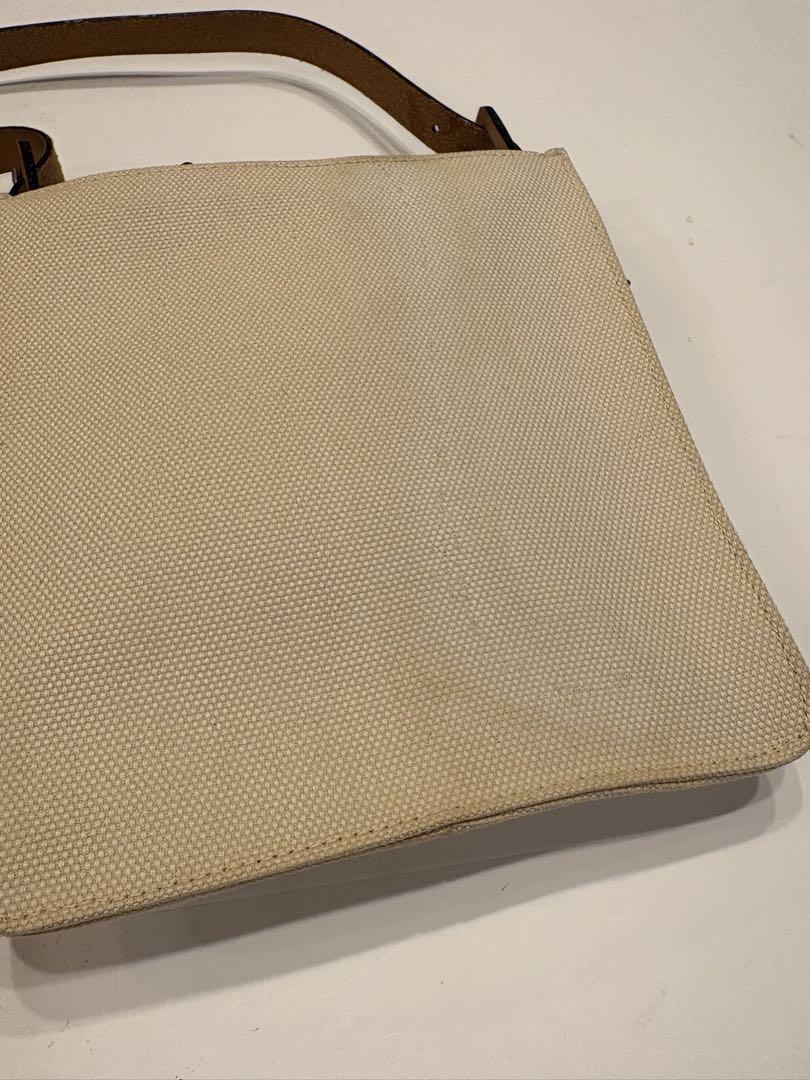 FENDI Shoulder Bag Purse FF Canvas Leather Off White Brown Beige Authentic