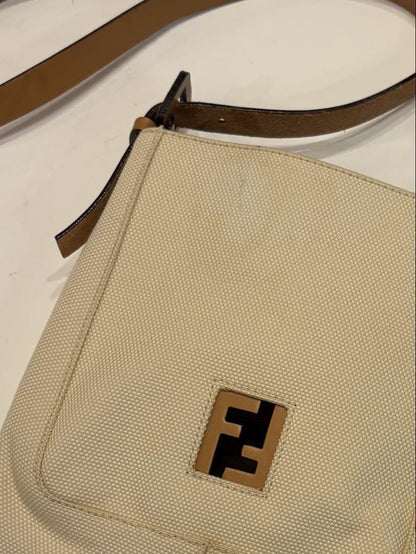 FENDI Shoulder Bag Purse FF Canvas Leather Off White Brown Beige Authentic
