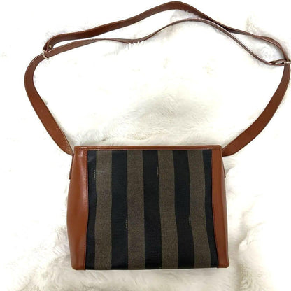 FENDI Shoulder Bag Purse FF Pecan Canvas Leather Brown Black Authentic