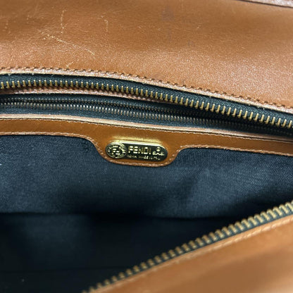 FENDI Shoulder Bag Purse FF Pecan Canvas Leather Brown Black Authentic