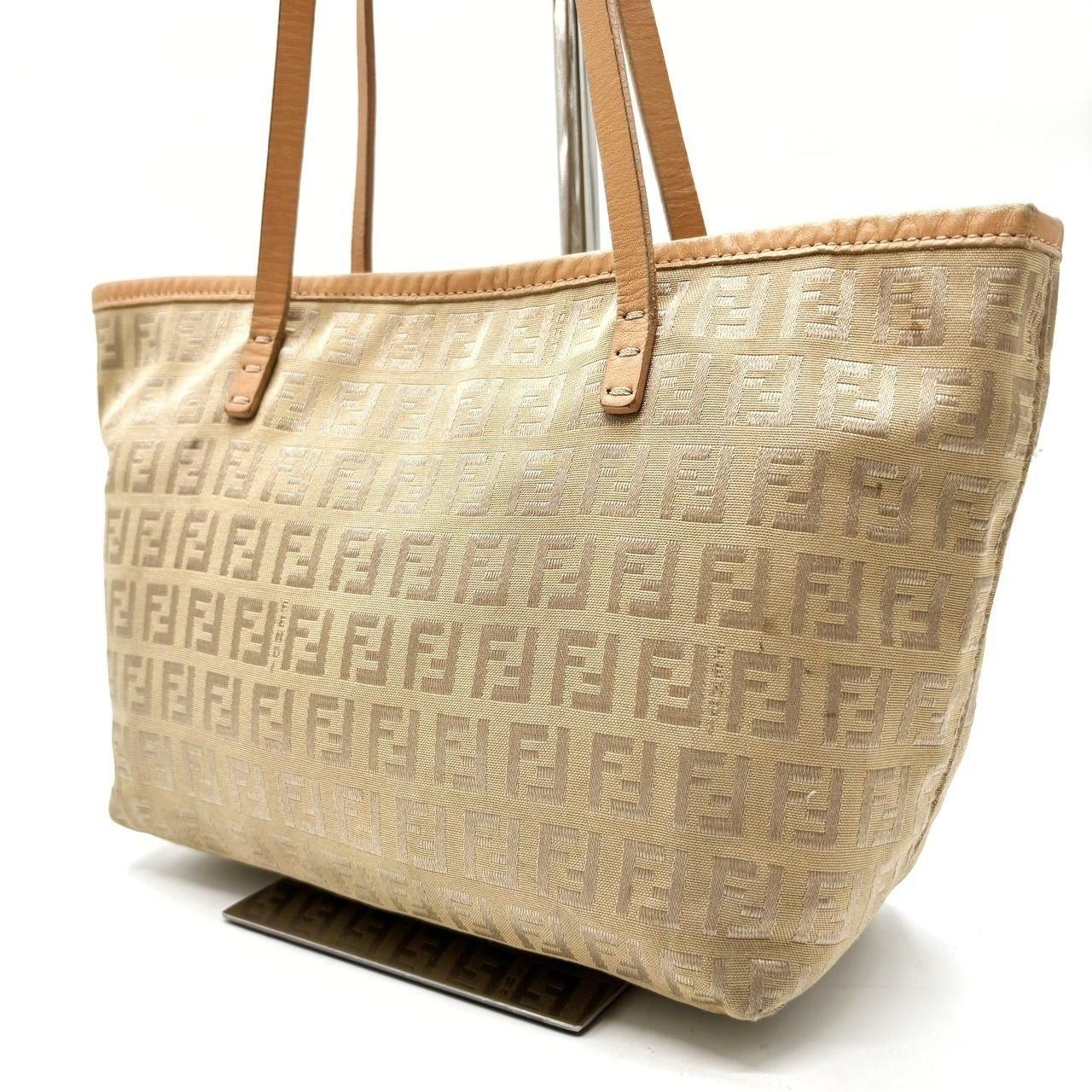 FENDI Hand Bag Tote Purse FF Zucchino Canvas Leather Beige Authentic