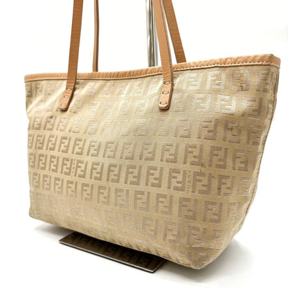 FENDI Hand Bag Tote Purse FF Zucchino Canvas Leather Beige Authentic