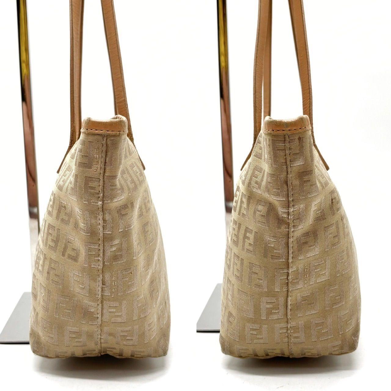 FENDI Hand Bag Tote Purse FF Zucchino Canvas Leather Beige Authentic