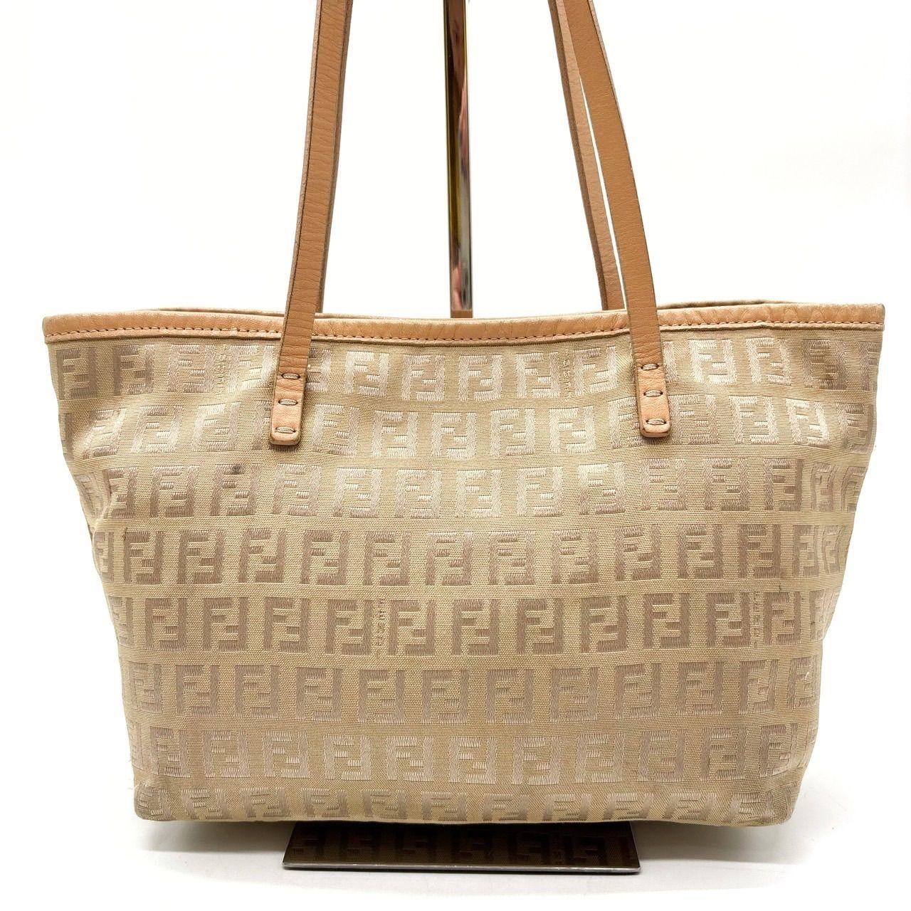 FENDI Hand Bag Tote Purse FF Zucchino Canvas Leather Beige Authentic