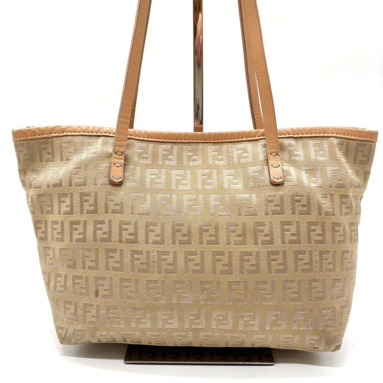 FENDI Hand Bag Tote Purse FF Zucchino Canvas Leather Beige Authentic