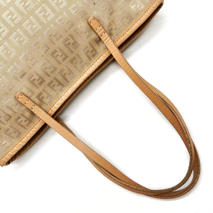 FENDI Hand Bag Tote Purse FF Zucchino Canvas Leather Beige Authentic