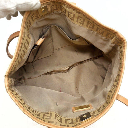 FENDI Hand Bag Tote Purse FF Zucchino Canvas Leather Beige Authentic