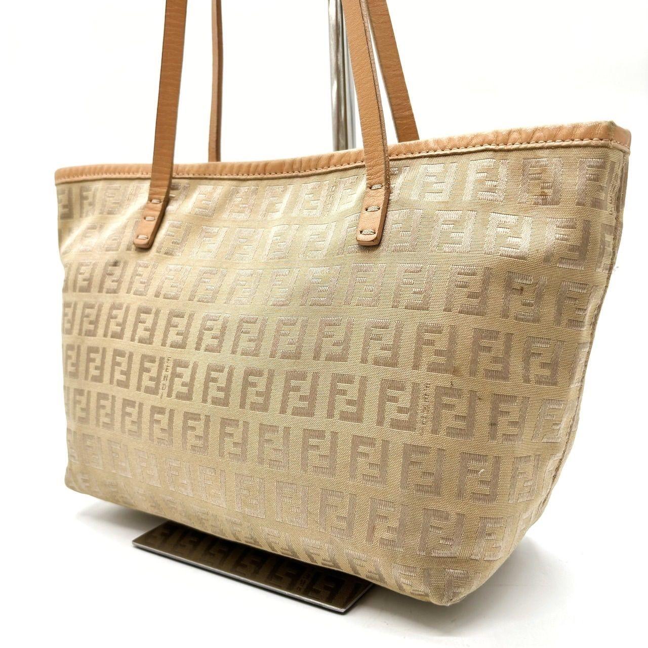 FENDI Hand Bag Tote Purse FF Zucchino Canvas Leather Beige Authentic