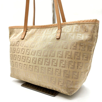 FENDI Hand Bag Tote Purse FF Zucchino Canvas Leather Beige Authentic