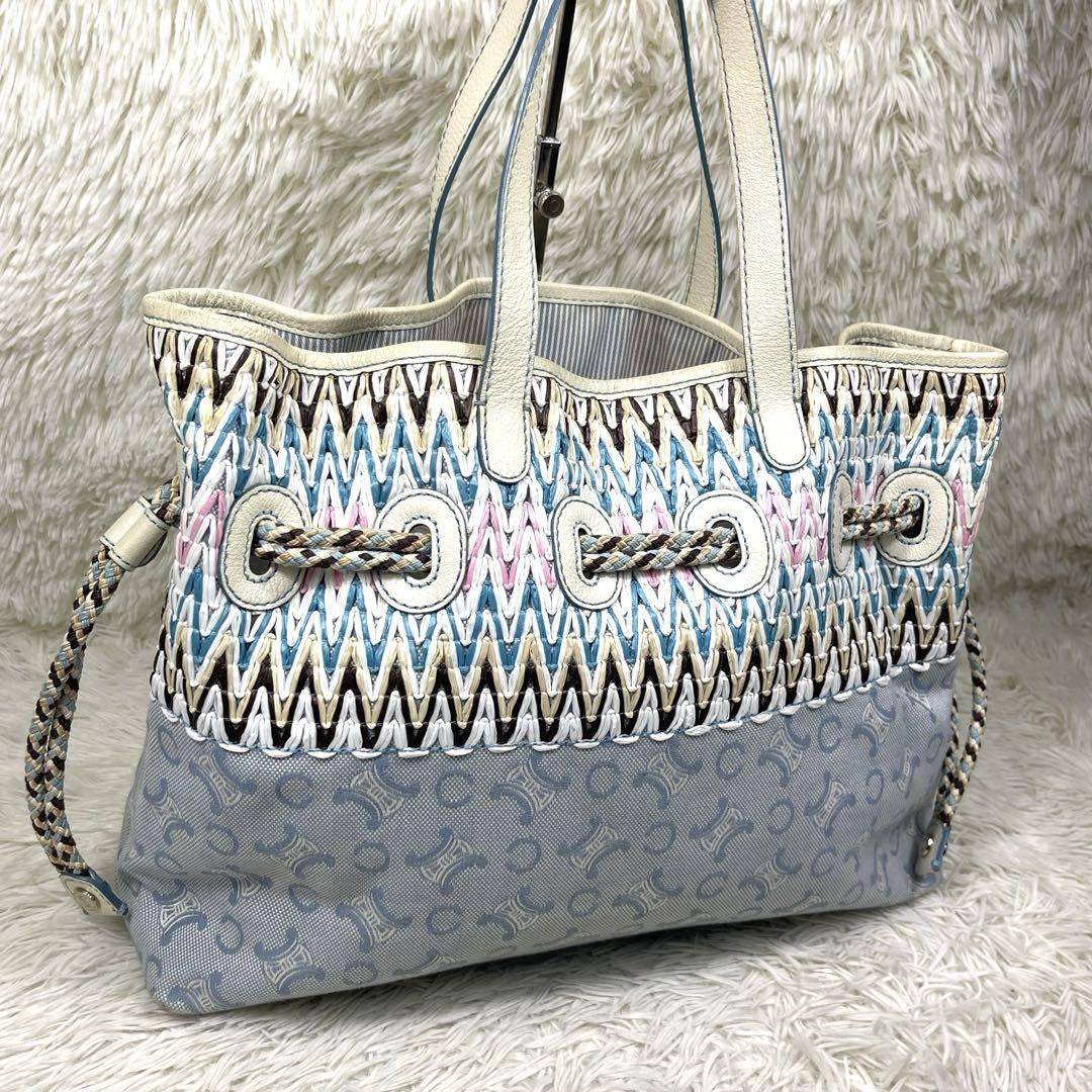 CELINE Hand Bag Tote Purse C Macadam Canvas Leather Blue Authentic