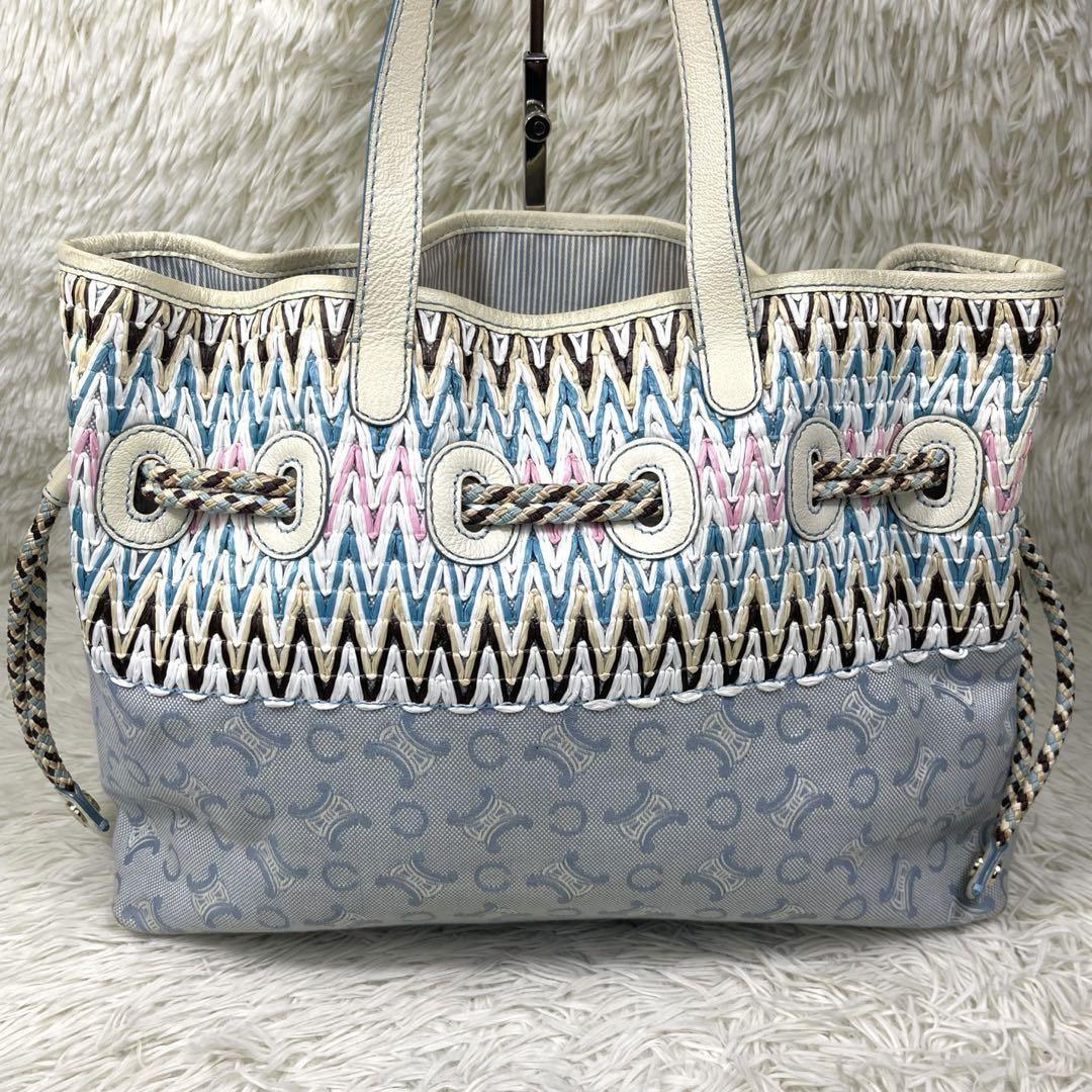 CELINE Hand Bag Tote Purse C Macadam Canvas Leather Blue Authentic