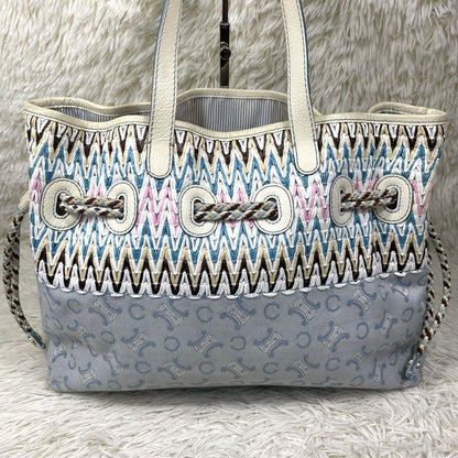 CELINE Hand Bag Tote Purse C Macadam Canvas Leather Blue Authentic