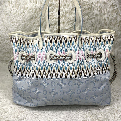 CELINE Hand Bag Tote Purse C Macadam Canvas Leather Blue Authentic