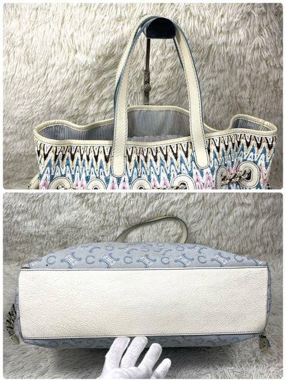 CELINE Hand Bag Tote Purse C Macadam Canvas Leather Blue Authentic