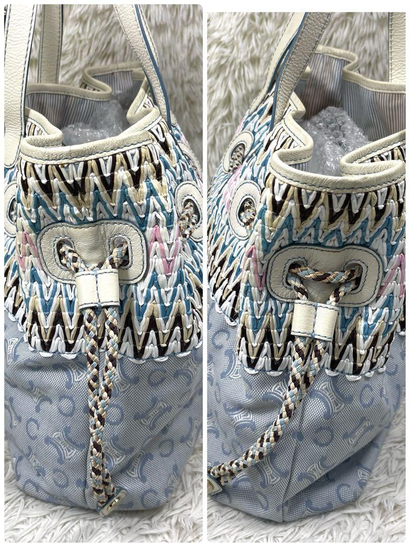 CELINE Hand Bag Tote Purse C Macadam Canvas Leather Blue Authentic