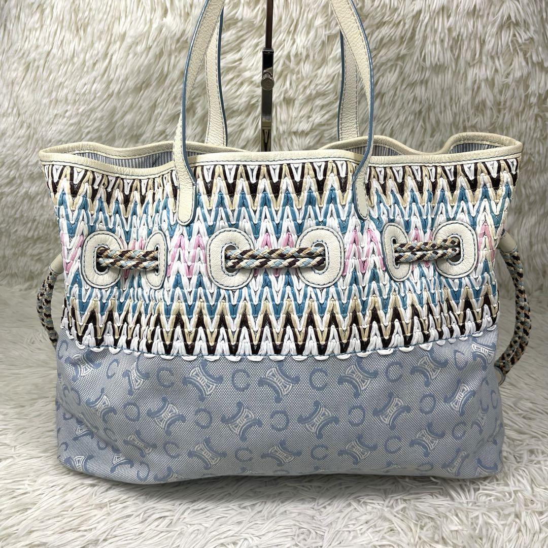 CELINE Hand Bag Tote Purse C Macadam Canvas Leather Blue Authentic