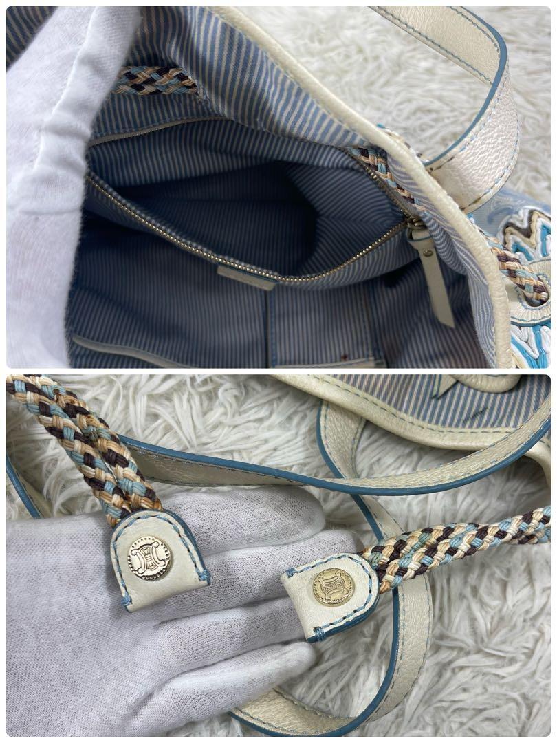 CELINE Hand Bag Tote Purse C Macadam Canvas Leather Blue Authentic