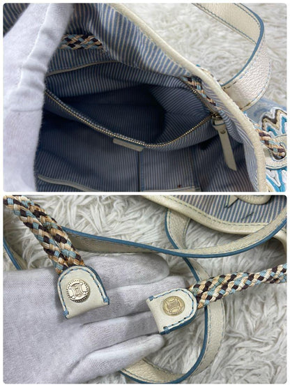 CELINE Hand Bag Tote Purse C Macadam Canvas Leather Blue Authentic