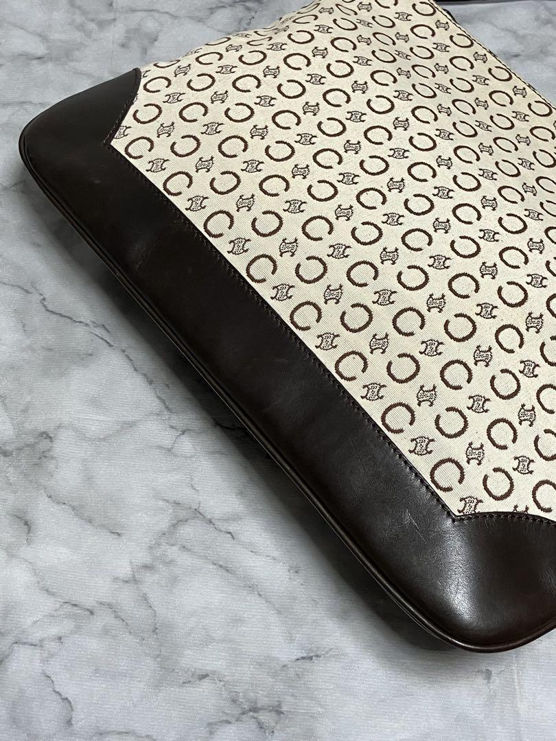 CELINE Shoulder Bag Purse C Macadam Canvas Leather Brown Off White Authentic