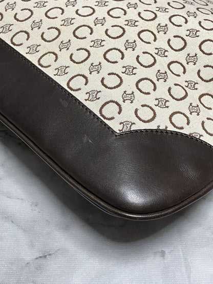 CELINE Shoulder Bag Purse C Macadam Canvas Leather Brown Off White Authentic