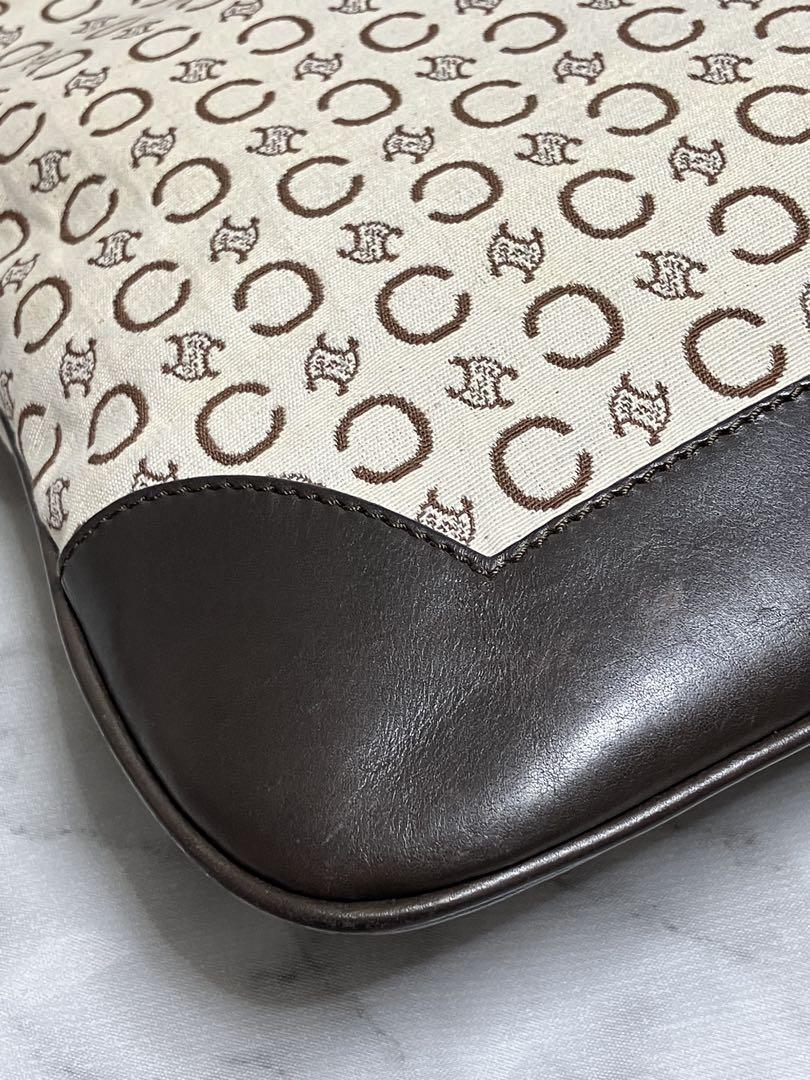 CELINE Shoulder Bag Purse C Macadam Canvas Leather Brown Off White Authentic
